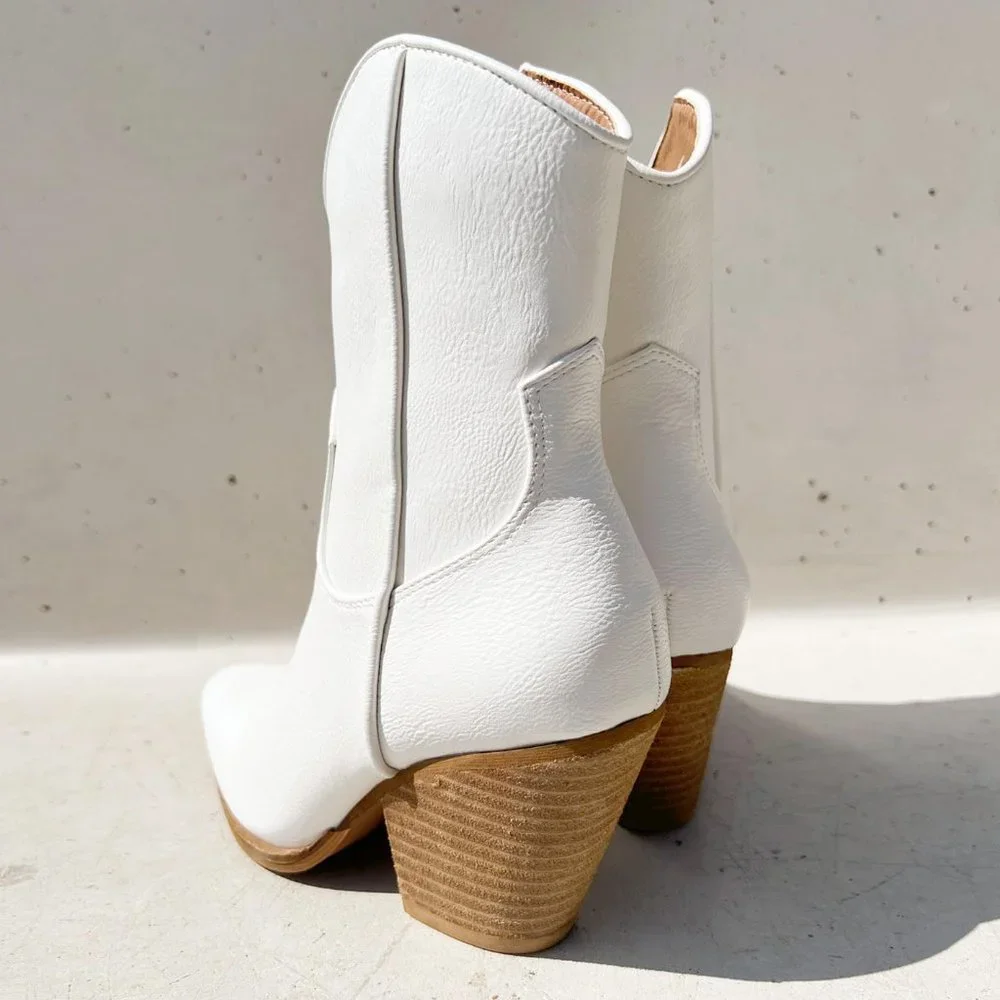 NEW Pointy Toe Stack Block Heel Western Curved Mid Ankle Booties Boots Off White - Picture 6 of 13